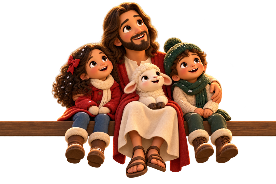 Jesus sentado com duas crianças e uma ovelhinha, todos olhando para a estrela